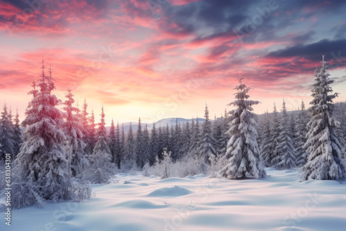 The fir tree forest is covered with snow in the winter season, shining on the light of the morning glow in beautiful sunrise sky and clouds. landscape concept suitable for nature and season. © cwa