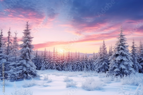 The fir tree forest is covered with snow in the winter season, shining on the light of the morning glow in beautiful sunrise sky and clouds. landscape concept suitable for nature and season.