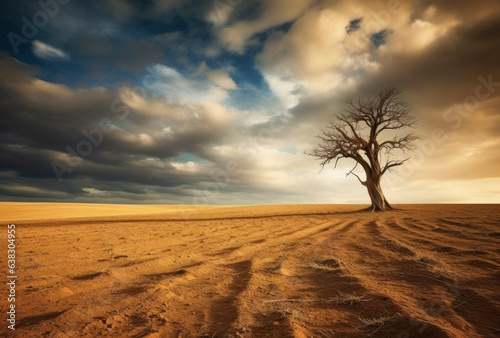 Lonely tree in desert with cloudly sky, beautiful landscape, Generative AI