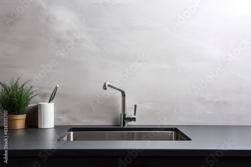Kitchen sink and water tap - copy space banner (Generative AI) photo