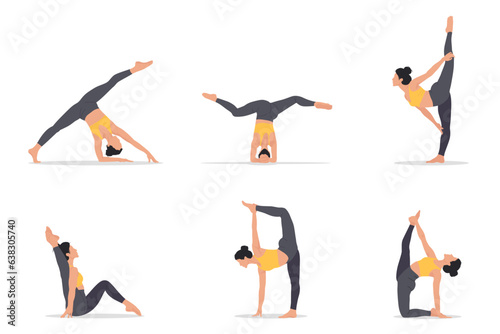 Set of backbend and split poses. Woman demonstrating yoga pose. Female yogini. Hip opener. Vector illustration isolated on the white background