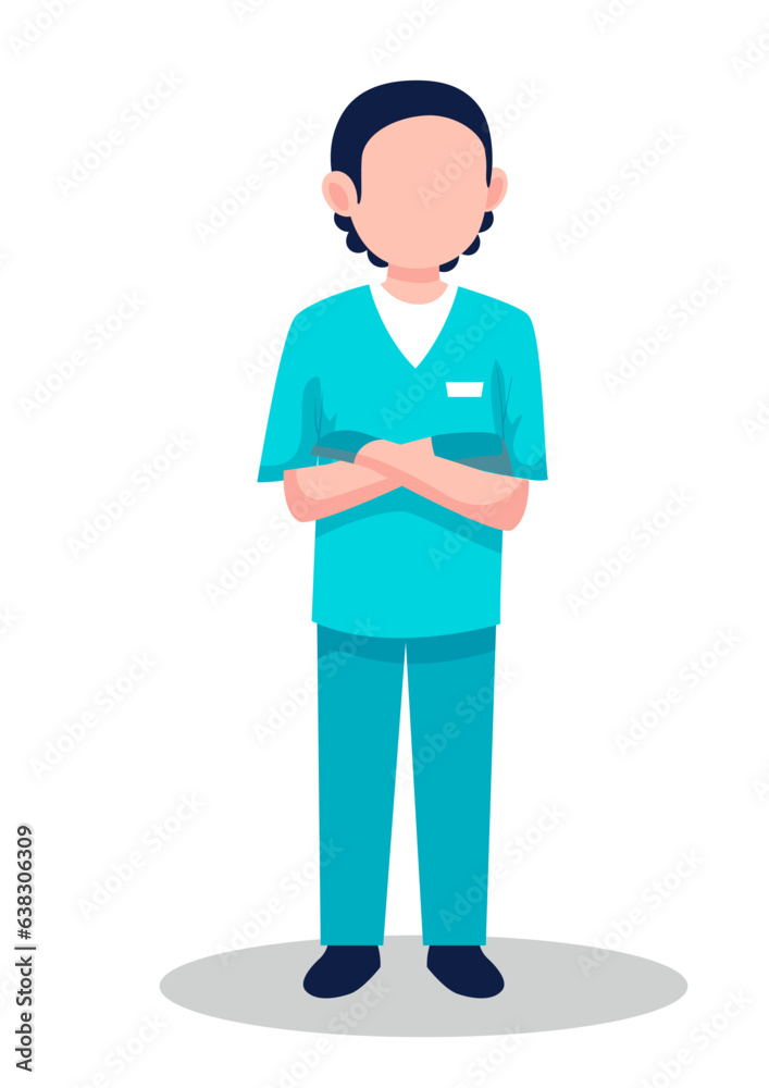 Vector illustration of young male surgeon in blue uniform and standing in arms crossed pose.

