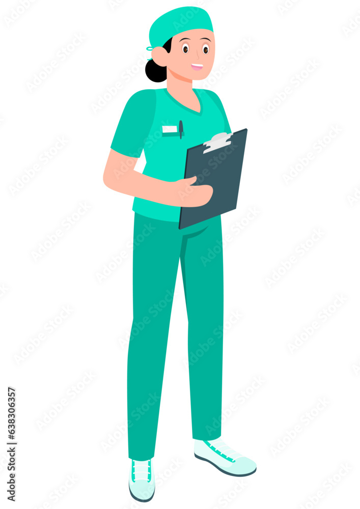 Vector illustration of assistant female surgeon in surgeon uniform and holding report in hand.
Vector illustration of assistant female surgeon in surgeon uniform and holding report in hand.