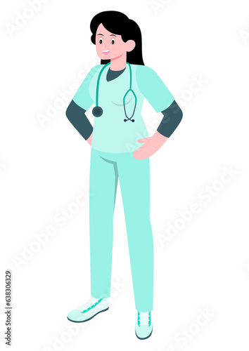 Flat vector illustration of female surgeon uniform with stethoscope in neck 
