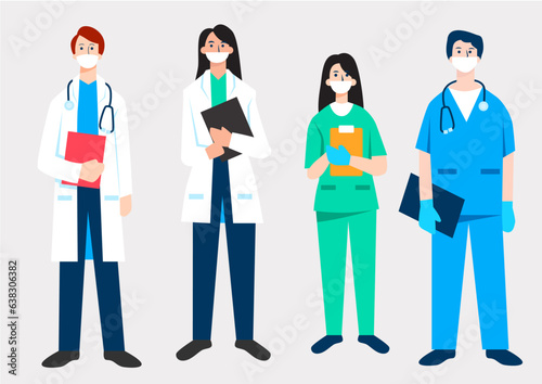 Flat illustration of medical staff of doctors, nurse and surgeon wearing medical mask on face and standing together to fight corona virus.
