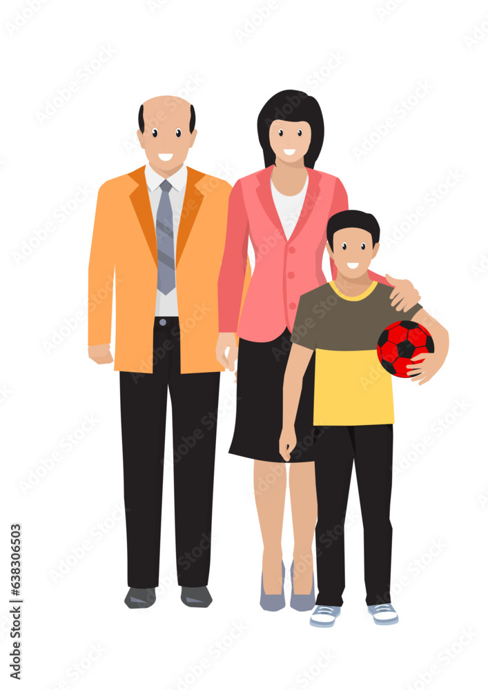 Flat illustration of family portrait father, mother and son holding football in hand.
