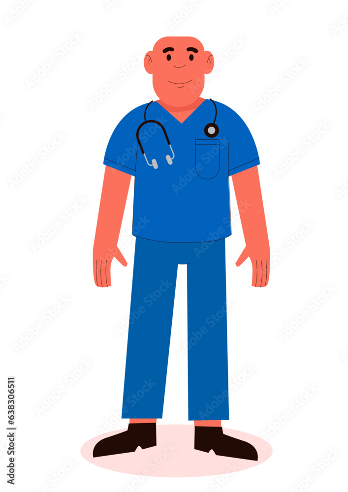 Vector illustration of bald male surgeon in blue uniform with stethoscope in neck.

