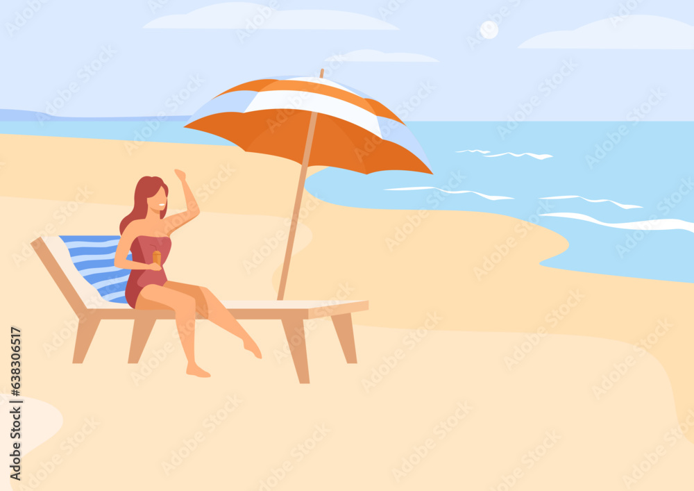 Flat vector illustration of girl in swimming costume on the beach under umbrella holding juice glass in hand.
