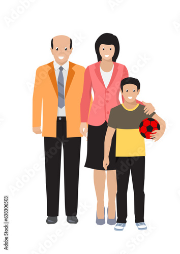 Flat illustration of family portrait father, mother and son holding football in hand. 