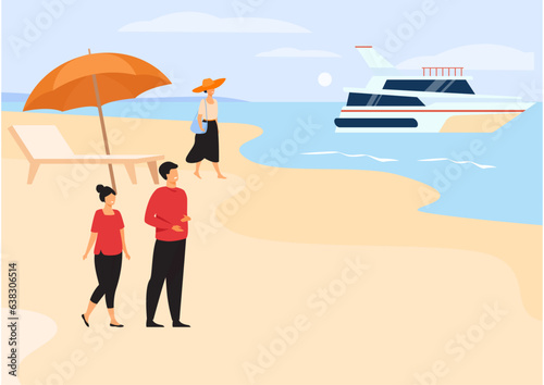 Flat vector illustration of people walking at beach and the cruise in the sea with resting umbrella chair.
