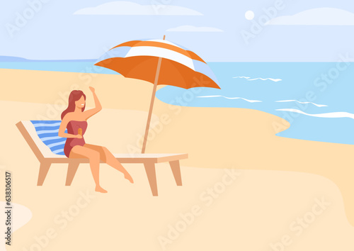 Flat vector illustration of girl in swimming costume on the beach under umbrella holding juice glass in hand. 