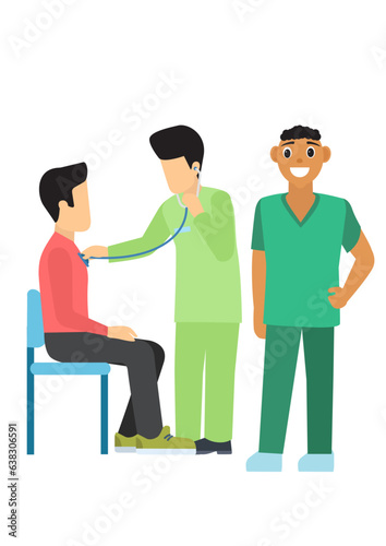 Flat vector illustration of doctor with stethoscope listening heart beating of male patient. Health care concept.
