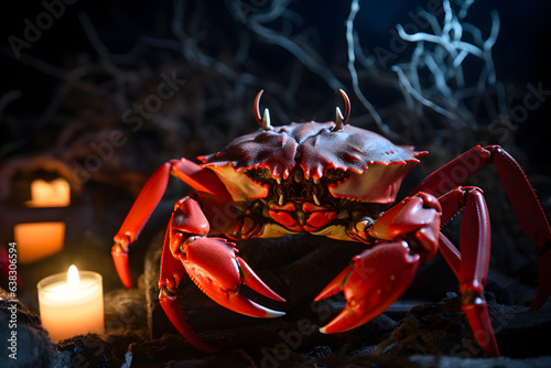 Spooky portrait of a crab in a Halloween setup in studio, dramatic lighting. Created with generative AI