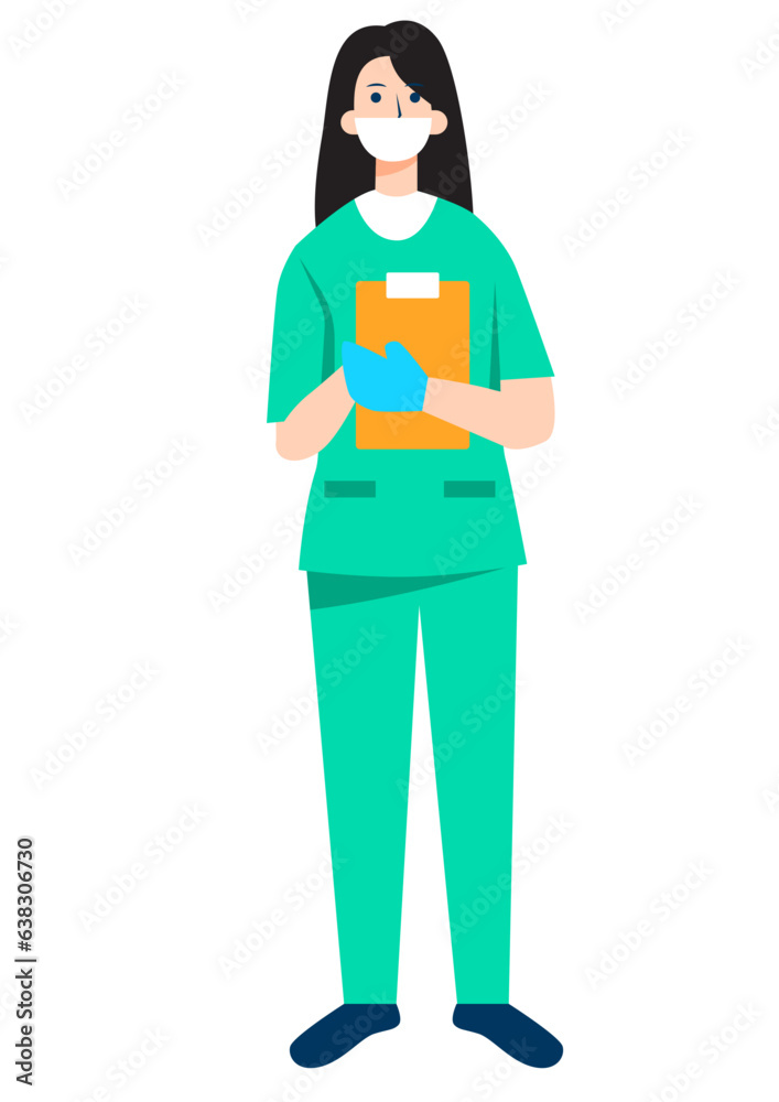 Flat illustration of young female Surgeon in blue uniform wearing gloves in hands and holding file in hand.

