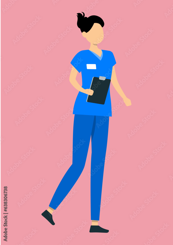 Flat illustration of female Surgeon in blue uniform holding clipboard in hand on pink background.
