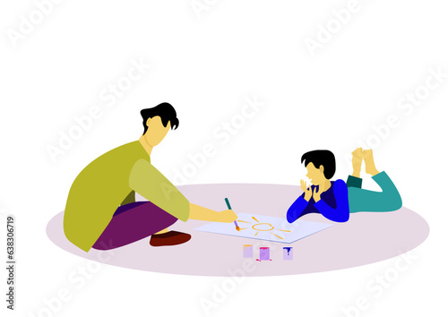 Flat vector illustration of father teaching his son how to paint and both sitting on floor.
