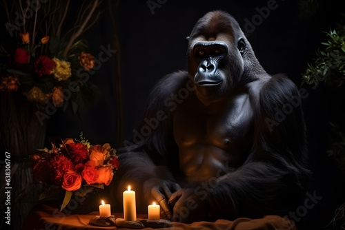 Spooky portrait of a gorilla in a Halloween setup in studio, dramatic lighting. Created with generative AI