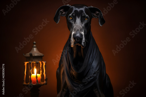 Spooky portrait of a Great Dane (dog) in a Halloween setup in studio, dramatic lighting. Created with generative AI