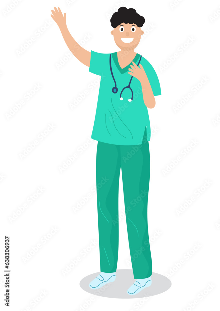 Flat vector illustration of young male surgeon with stethoscope in neck and waving his hand.
