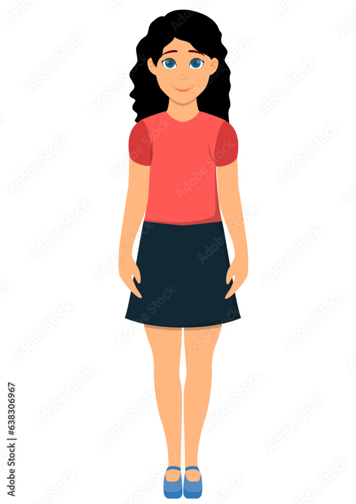 Vector illustration of young blue eyed girl in red top and skirt with curly hair.
Vector illustration of young blue eyed girl in red top and skirt with curly hair.