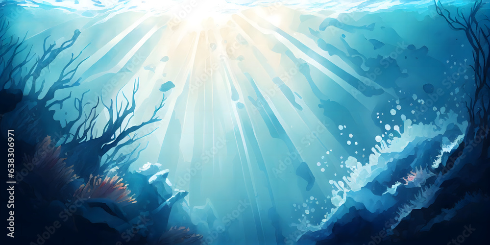 Fototapeta premium 日の光が差し込む青い珊瑚の海の水彩イラスト