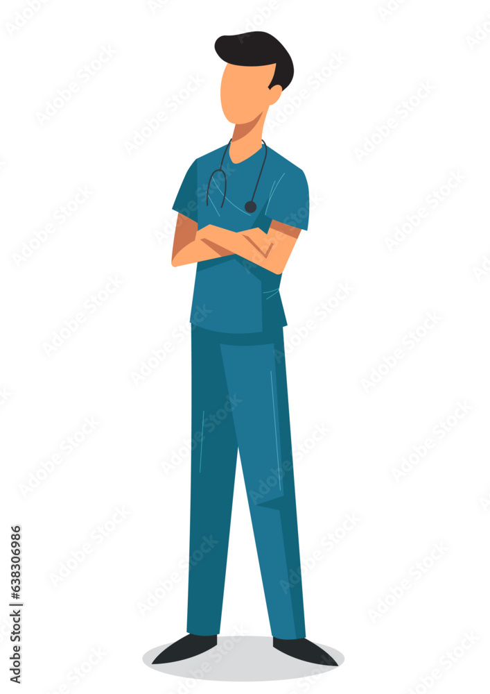 Flat illustration of young male surgeon with stethoscope in neck with arms folded.
