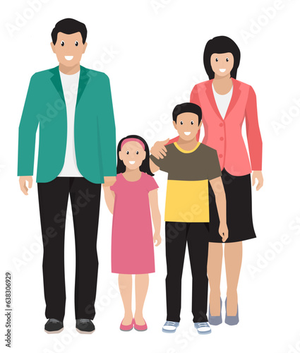 Flat illustration of family portrait of father, mother and kids. Happy family concept.
