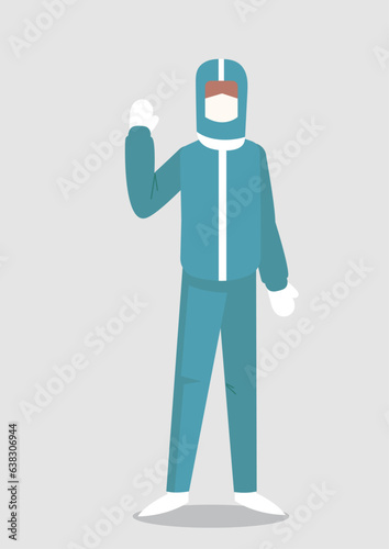 Flat illustration of doctor virologist epidemiologist in a protective suit waving his hand.
