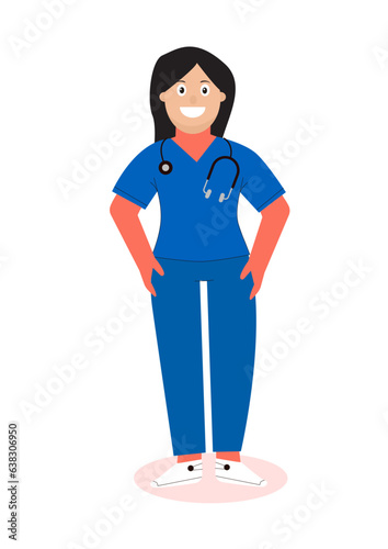 Vector illustration of smiling female surgeon with stethoscope in neck and both hands in pant pocket.
