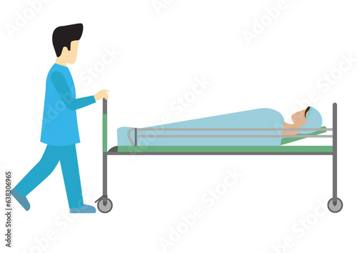 Flat illustration of ward boy transporting patient to operation theatre on medical stretcher.
