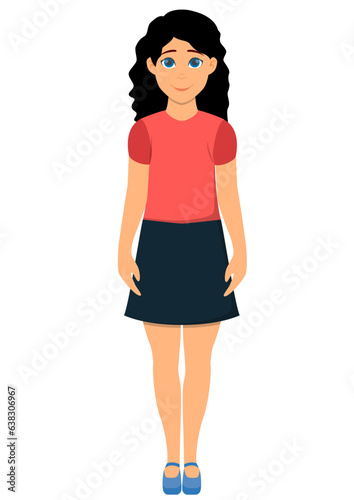 Vector illustration of young blue eyed girl in red top and skirt with curly hair.
