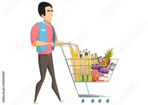 Flat vector illustration of young boy pushing a shopping cart loaded with groceries and fruits.
