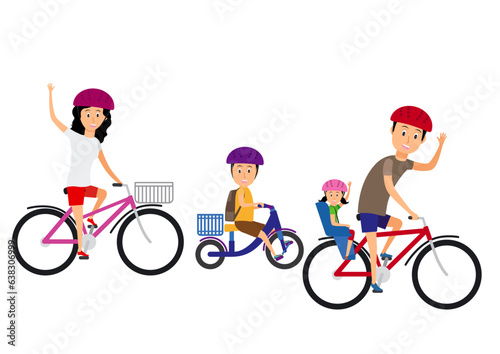 Vector illustration of family enjoying cycle ride and waving their hands. 