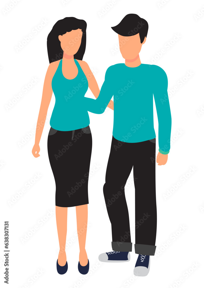 Flat vector illustration of young couple in blue and black color casual wear.
