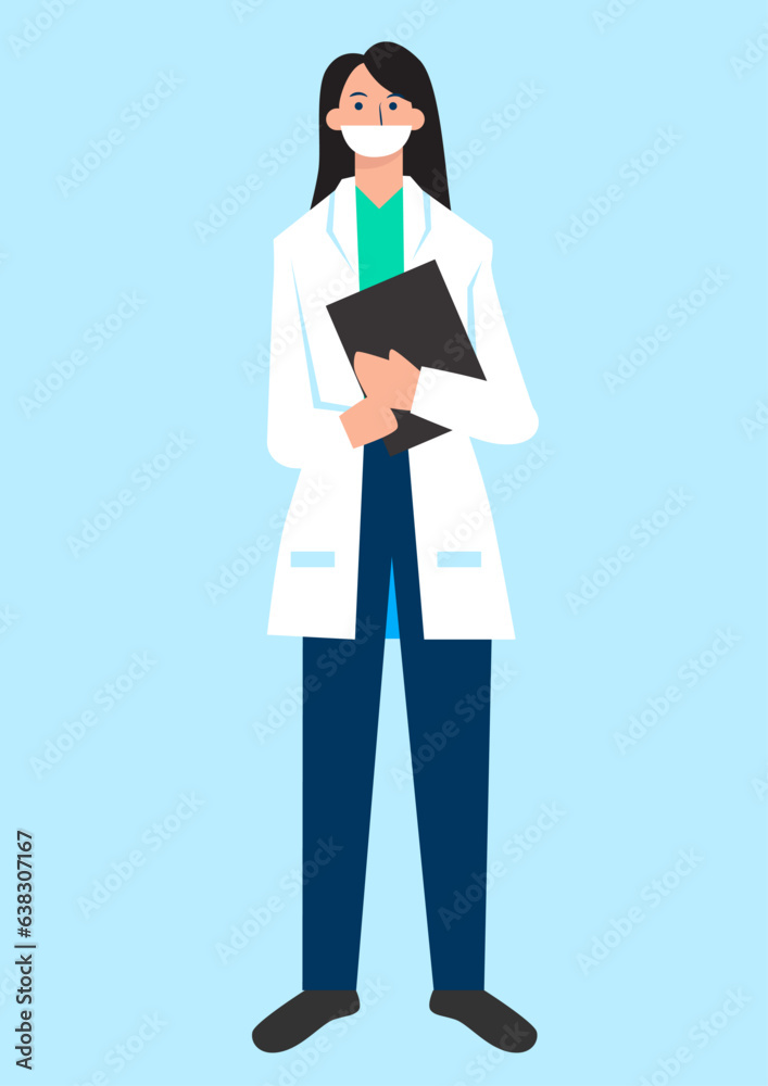 Flat illustration of young female doctor in white coat and holding file in hand on blue background.
Flat illustration of young female doctor in white coat and holding file in hand on blue background.