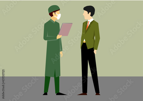 Flat illustration of Surgeon in mask holding report file in his hand and having conversation with patient.
