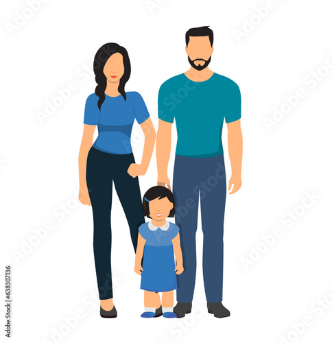 Flat vector illustration of happy modern family mother, father and daughter in blue dress. 