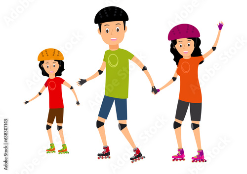 Vector illustration of family in helmet, elbow, knee protector riding enjoying roller skating.
