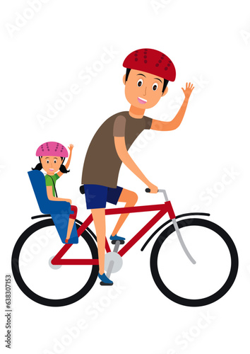 Vector illustration of father and daughter riding cycle wearing helmet with waving hand. 