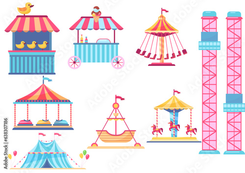 Vector illustration of colorful amusement park attraction. Funfair design elements.