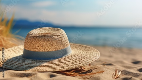 straw hat on the beach - cummer holiday concept (Generative AI)