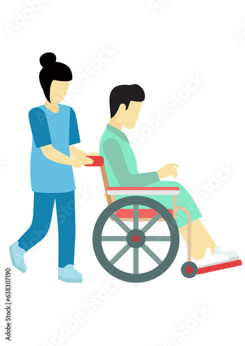 Flat illustration of female nurse assisting patient on wheelchair in the hospital.

