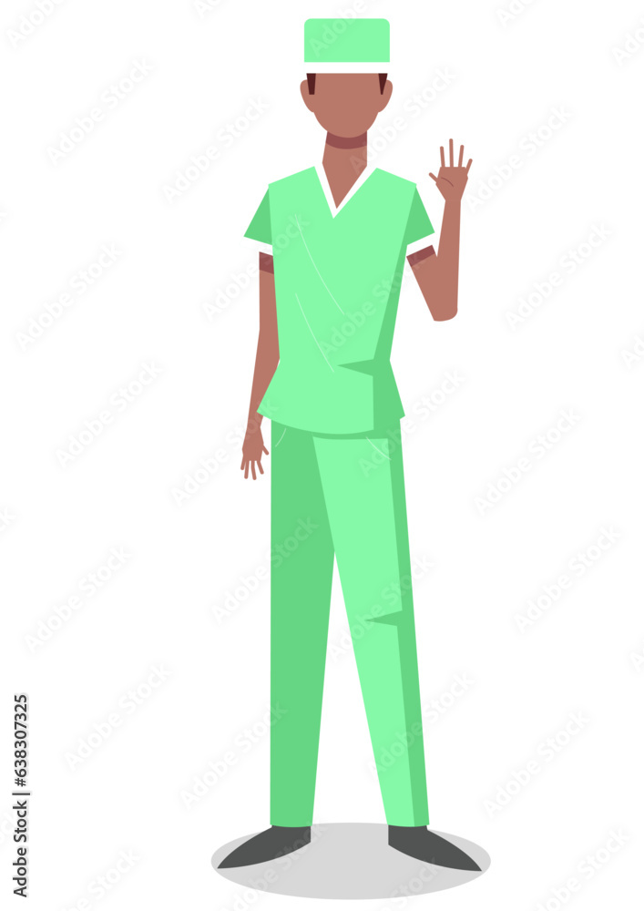 Flat illustration of ward boy in blue uniform standing and waving hand.

