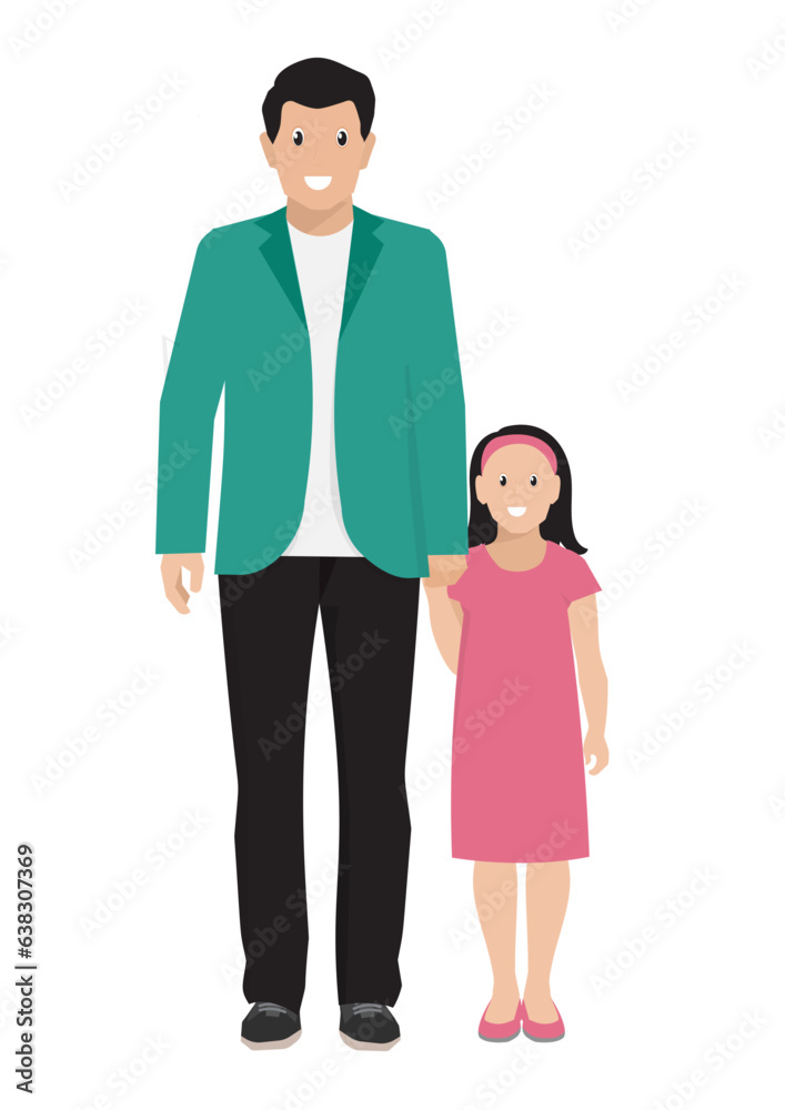 Vector illustration of father in blue blazer and daughter in pink dress.
Vector illustration of father in blue blazer and daughter in pink dress.