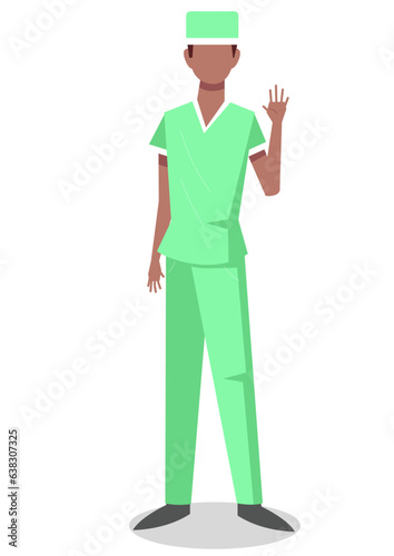 Flat illustration of ward boy in blue uniform standing and waving hand.

