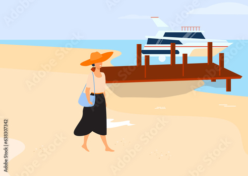 Flat vector illustration of pretty girl in hat walking at cruise port.
