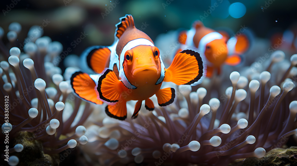 Clown Anemonefish Gracefully Swimming in the Sea. Generative AI Clown Anemonefish Gracefully Swimming in the Sea. Generative AI