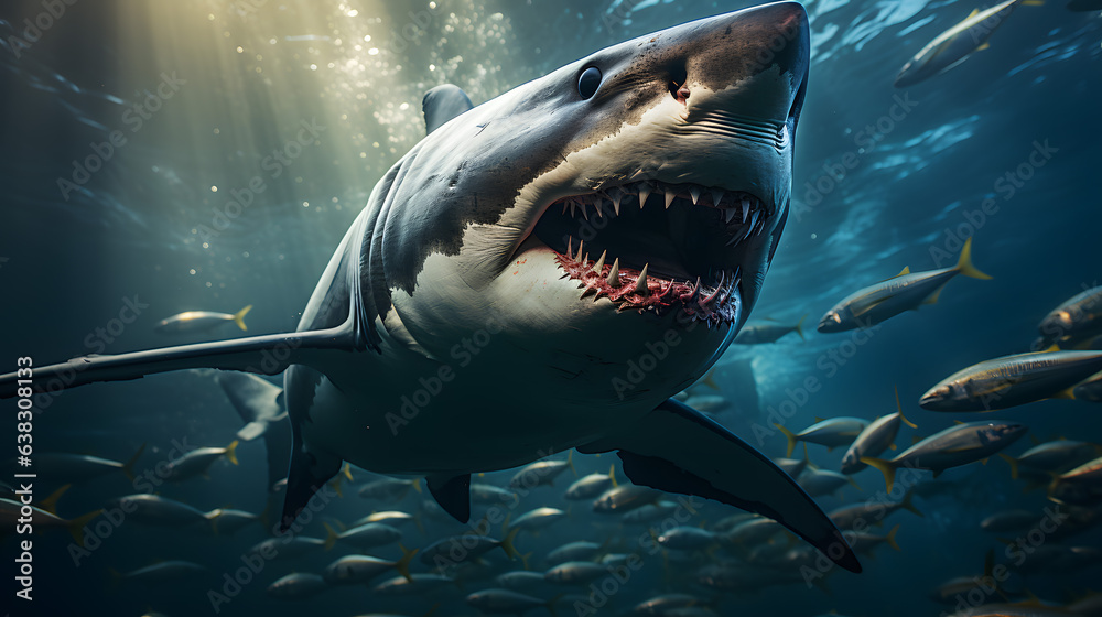 Fototapeta premium Prehistoric Majesty, Megalodon Shark Roams the Depths of the Underwater World. Generative Ai