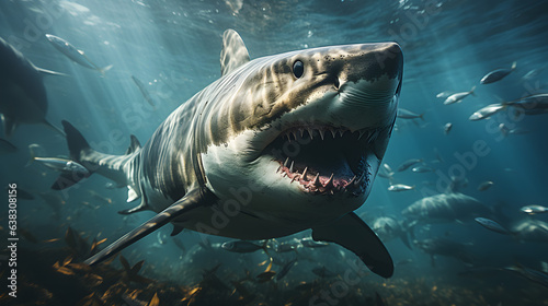 Prehistoric Majesty, Megalodon Shark Roams the Depths of the Underwater World. Generative Ai © apfan