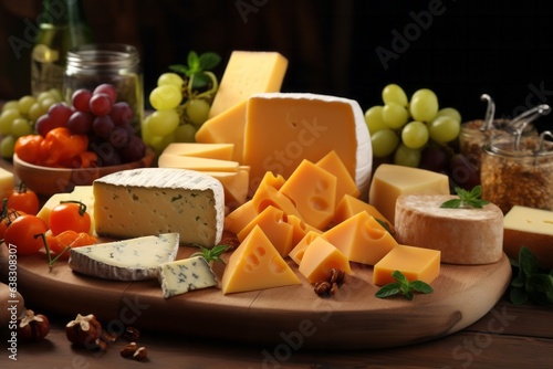 Delicious pieces of cheese on the wooden plate. Close-up